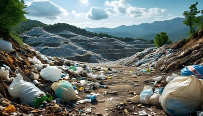 Wall Mural - Overwhelming plastic waste accumulation at landfill highlighting environmental crisis and waste management challenges