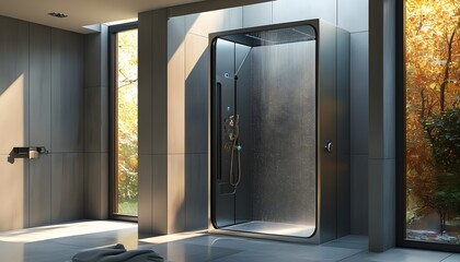 Wall Mural - Sleek futuristic shower featuring smart controls enhanced by sunlight, showcasing seamless water flow in a modern bathroom design