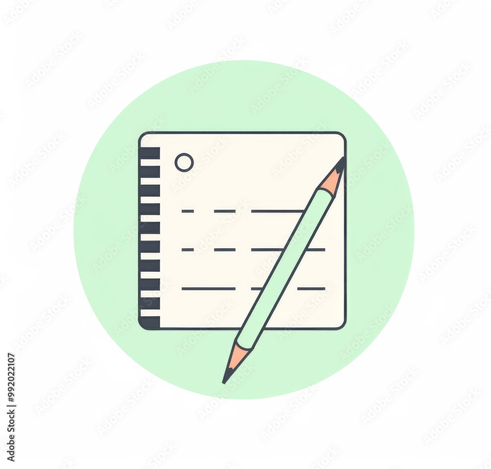 Flat vector icon of a pencil and notepad with a circular background ...