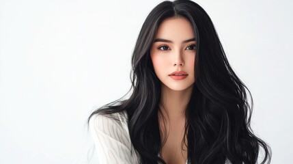 A young woman with long black hair looking to the side, her eyes downcast.