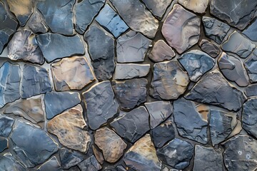 A textured stone flooring made of irregularly shaped slate stones in various shades of gray, brown, and blue. The stones are fitted together closely, creating a natural and rustic appearance.