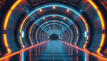 Wall Mural - Futuristic neon-lit technology tunnel showcasing sleek metallic walls and advanced digital infrastructure