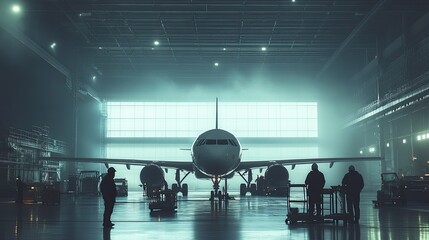 Airplane Prepped for Departure in a Hangar with Workers