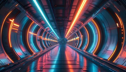 Wall Mural - Futuristic neon-lit technology tunnel showcasing sleek metallic walls and advanced digital infrastructure