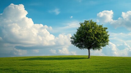 A lone tree stands on a grassy hill against a blue sky with fluffy white clouds.