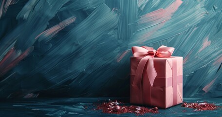 A beautifully wrapped pink gift box adorned with a pink ribbon, set against a vibrant blue abstract background.