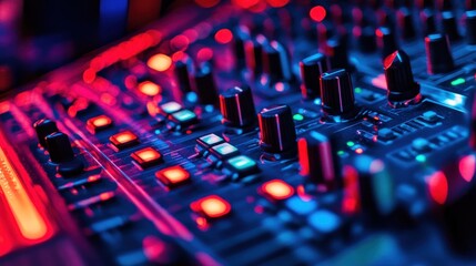 Close-up of a DJ mixer with red and blue lights.