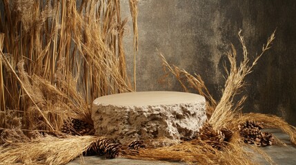 Poster - A round, textured pedestal stands prominently amidst an arrangement of dried grasses and pinecones. This natural setup creates a warm, earthy atmosphere, ideal for showcasing various items.