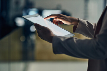 Poster - business, hands and woman with tablet, night and typing with internet, connection and research. clos