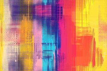 Seamless vibrant abstract halftone glitch background featuring a blend of colors including pink, blue, yellow, and purple. The design incorporates dotted patterns.