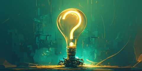 Creative concept of a question mark transforming into an electric lamp, symbolizing the journey of innovation, search for solutions, and the riddles of knowledge and intelligence.

