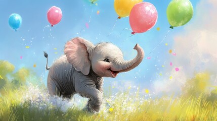 A happy baby elephant splashing through the grass, chasing after brightly colored balloons floating above, full of energy and fun.