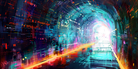 Futuristic Tunnel with Glowing Neon Lights, A wormhole is like a tunnel  in our universe that cuts the travel time from one point to the other.