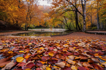 Falling leaves on wet asphalt. Generative AI