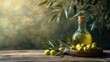 © noche - A bottle of olive oil sits on a wooden table next to a bunch of green olives