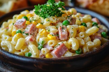 Wall Mural - delicious macaroni salad with ham, peas, corn, and creamy dressing a flavorful fusion for your taste buds