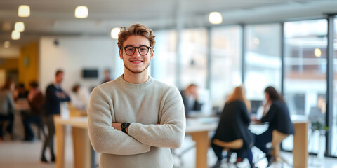 Smiling young professional in a modern open office, exuding confidence and readiness for career success