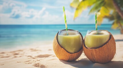 Two Coconut Shells Filled with Green Drink and Straws on a Sandy Beach