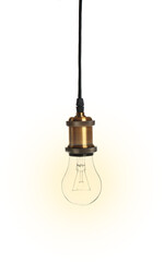 Wall Mural - One glowing light bulb hanging on white background