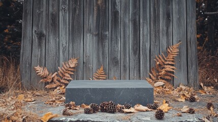 Poster - This setting features a rustic wooden backdrop surrounded by fallen leaves, ferns, and scattered pinecones, suggesting a serene, natural environment in autumn, perfect for a reflective experience.