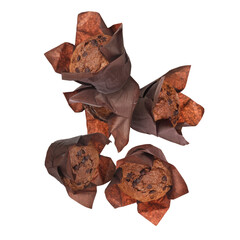 Wall Mural - Delicious chocolate muffins in air on white background