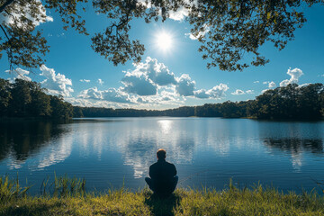 Wall Mural - A person enjoying quiet Sunday afternoon by serene lake, surrounded by lush greenery and reflecting clouds. peaceful atmosphere evokes sense of tranquility and relaxation