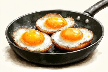 Three fried eggs in a black pan. Digital drawing style on a light background. Concept of breakfast and cooking