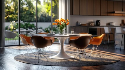 Midcentury modern dining area with a round table and tulip chairs