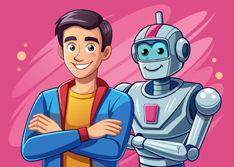 Wall Mural - young man and robot smile with folded arms cartoon vector illustration, purple isolated background, future world