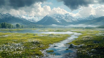 Sticker - Serene Mountain Meadow with Wildflowers and River