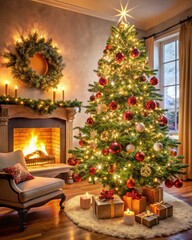 Poster - christmas tree and fireplace