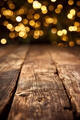 Fototapete - Empty wooden table surface with a blurred golden bokeh background, creating a warm and inviting atmosphere perfect for autumn or festive scenes.