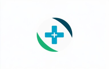 Wall Mural -  logo with blue and green color scheme, featuring a central medical cross symbol inside a circle on a solid white background, suitable for healthcare or business branding.