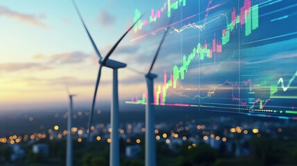 Wind turbines against financial charts background