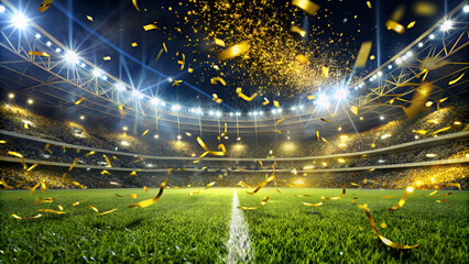 Soccer championship win celebration at night stadium arena with tinsel and confetti in yellow tones, soccer, championship