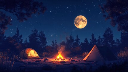 Wall Mural - A nighttime camping scene with a glowing fire pit and tents silhouetted against the moon