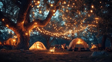 Wall Mural - A night scene of a camping trip with glowing fairy lights hanging from tree branches