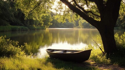 Canvas Print - A peaceful riverbank campsite with a small boat tied to a tree and fishing rods ready