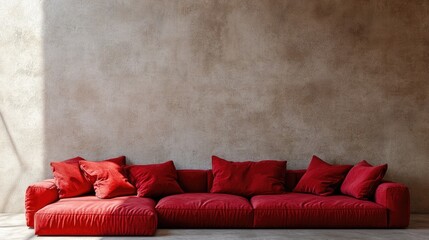 Red modular corner sofa against blank brown stucco wall with copy space Loft interior design of modern living room, home