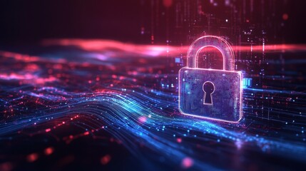 Wall Mural - Glowing padlock icon over a futuristic digital landscape with flowing data streams for cybersecurity background