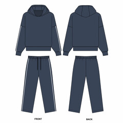 Wall Mural - Technical drawing of blue color tracksuit, front and back view. Sketch of basic sweatshirt with hood. Sketch of straight sweatpants with drawstring.