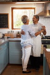 Canvas Print - Dance, cooking and senior couple in kitchen for bonding, loving relationship and romance together in home. Retirement, marriage and mature man and woman with affection for meal prep, lunch and dinner