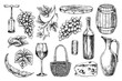 © ANTONINA MASLOVA - Wine. A set of clip art depicting wine, bottle, glass, cheese and grapes. A barrel, a jug, a corkscrew and a cork. A graphic vector illustration drawn by hand. Isolate on a white background.