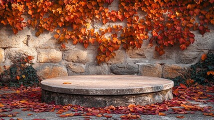 Poster - A circular stone platform is partially covered with fallen leaves in vibrant autumn colors. The platform sits against a textured brick wall adorned with climbing vines, creating a serene atmosphere.