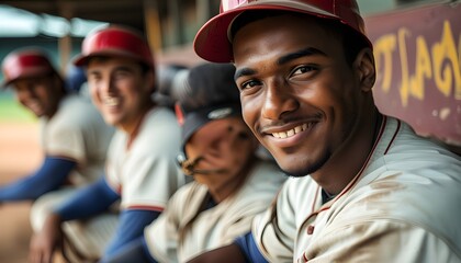 Joyful moments captured in a young baseball players portrait with teammates, celebrating the love for the game