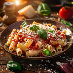 Italian pasta dish with tomato sauce basil and parmesa