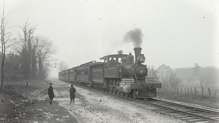 Wall Mural - vintage Steam locomotive on rails . Retro photo of an old steam locomotive on the street