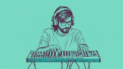 Music Producer Wearing Headphones Plays Keyboard