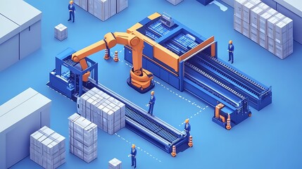 Wall Mural - Isometric illustration of automated industrial production line with robot arm, conveyor belt, and workers. Concept of manufacturing, automation, technology, industry 4.0, and smart factory