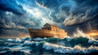 © suwatthana - Ark on stormy sea symbolizing endurance and hope amidst chaos, Ark, stormy sea, waves, chaos, endurance, hope, stormy sky, vessel